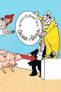 BN Biscuit advertising poster print featuring clown, ringmaster, and pig.