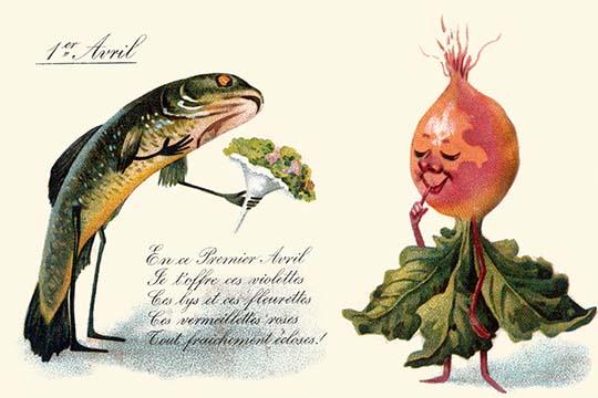 Whimsical poster print of a fish handing flowers to a radish.