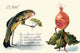 Whimsical poster print of a fish handing flowers to a radish.