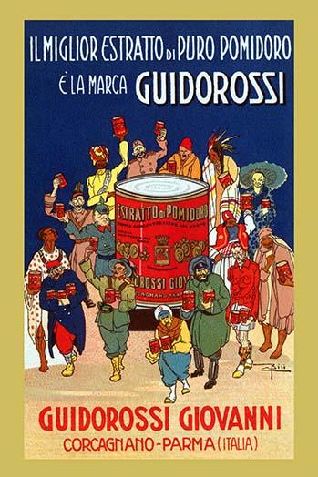 Pure Tomato Sauce Advertising Poster Print featuring an international crowd holding cans.