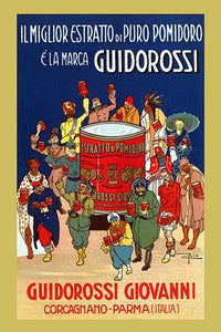 Pure Tomato Sauce Advertising Poster Print featuring an international crowd holding cans.