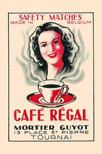 Vintage coffee advertisement poster print featuring a smiling woman behind a steaming cup.