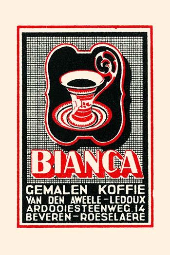 Vintage coffee cup and saucer matchbox label poster print.