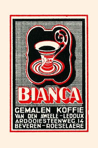 Vintage coffee cup and saucer matchbox label poster print.