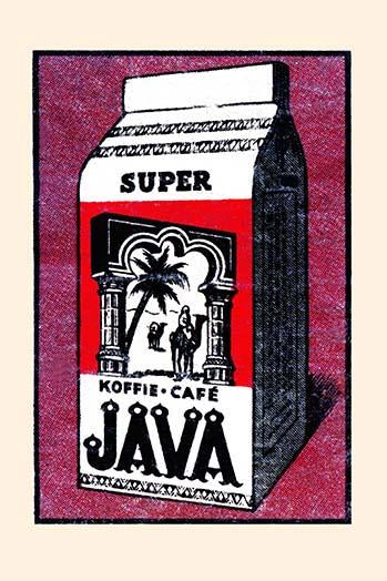 Super Java Coffee Poster Print featuring Arab on camel next to palm tree.