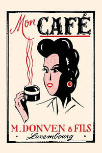 Vintage Matchbox Label Poster Print featuring a woman drinking coffee.
