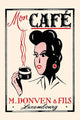 Vintage Matchbox Label Poster Print featuring a woman drinking coffee.