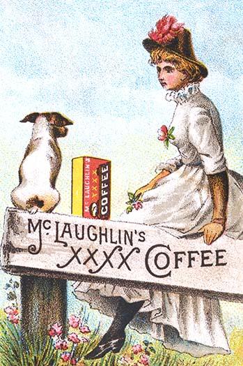 Victorian advertising trade card featuring a dog and woman on a fence with a box of coffee.