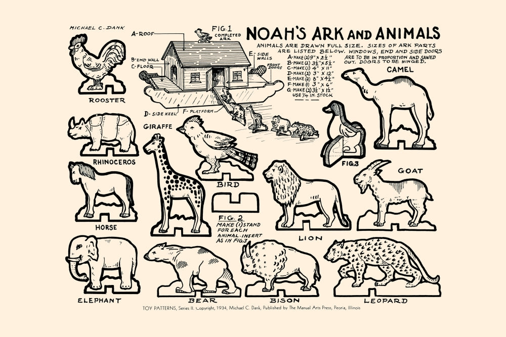 Noah's Ark Toy Patterns Poster Print by Michael C. Dank featuring animal patterns for woodworking.