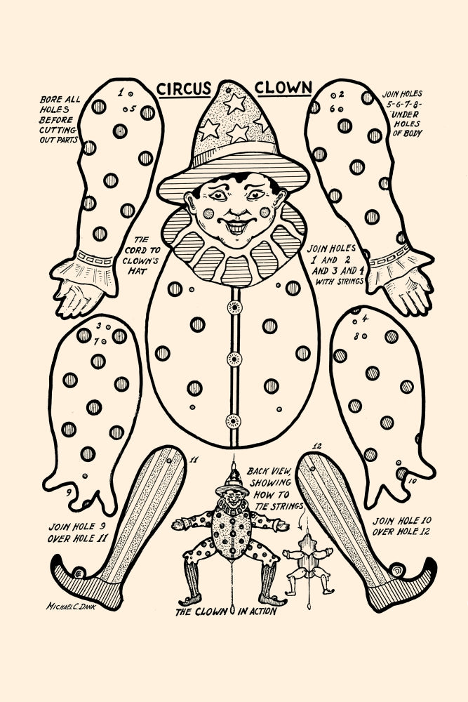 Circus clown pull toy woodworking pattern poster print by Michael C. Dank