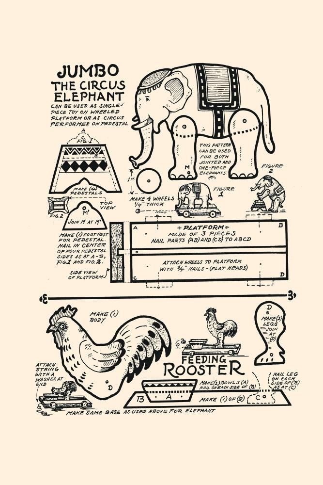 Circus elephant and feeding chicken toy patterns poster print.