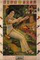 Western Style Woman on Swing Poster Print featuring a woman on a swing in front of a Western-style house.