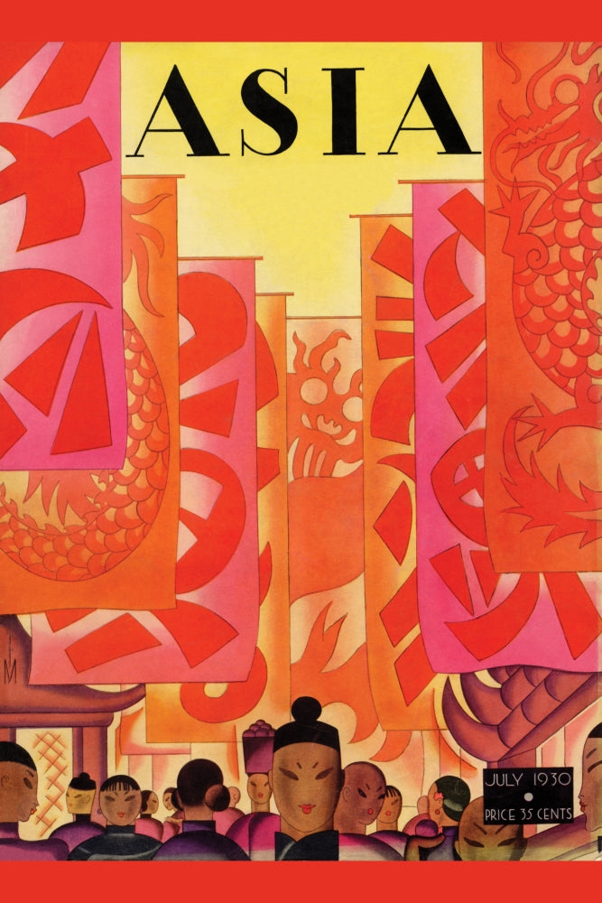 Old China art deco magazine cover print featuring a crowded Asian street with red flags.