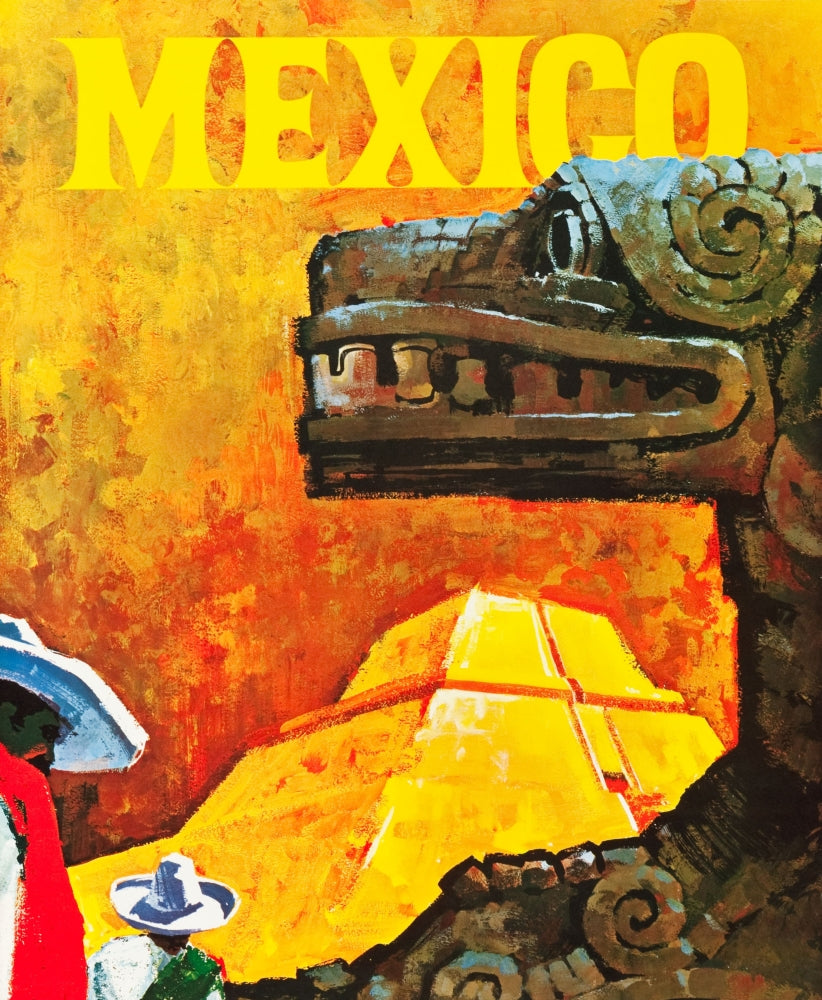 1960s Travel Poster celebrating Aztec and Mayan heritage, vibrant colors.