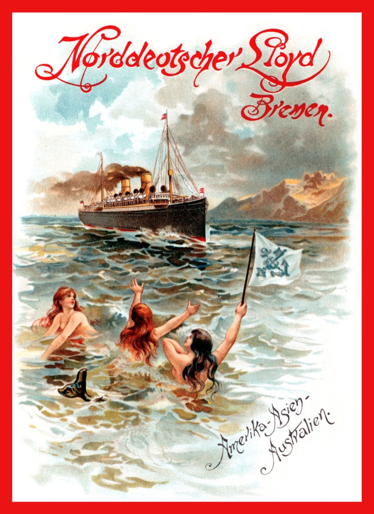 Vintage poster print of mermaids waving a flag at a passing passenger ship.