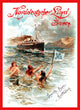 Vintage poster print of mermaids waving a flag at a passing passenger ship.