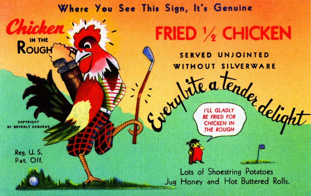 Golfing Chicken Vintage Poster Print promoting Chicken in the Rough restaurant by Beverly Osborne.