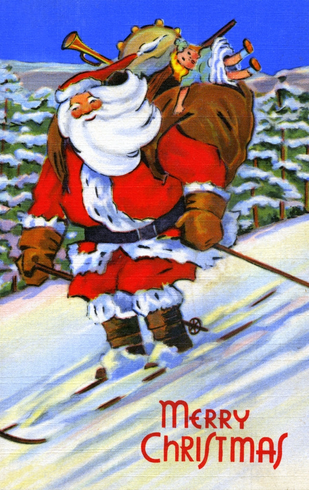1940s Holiday Season Santa Skiing Poster Print by Curt Teich & Company