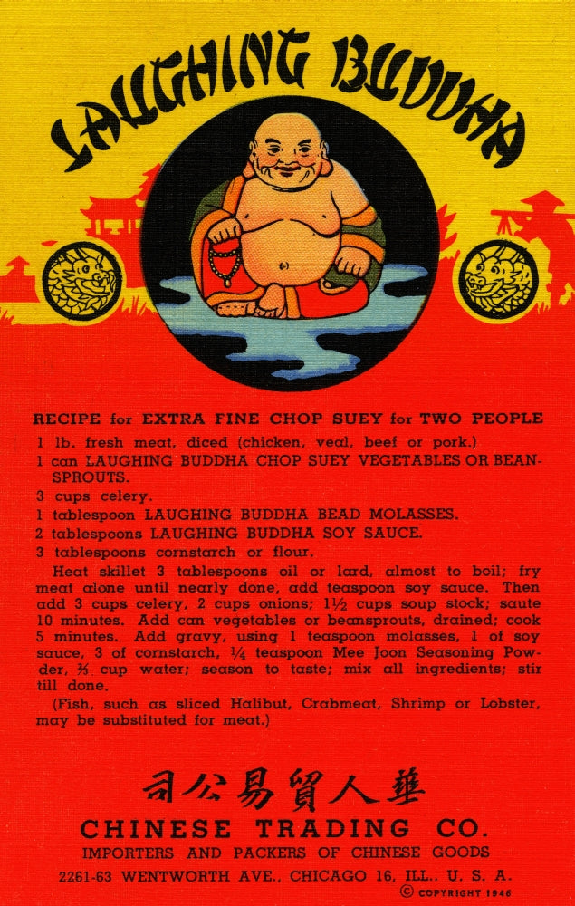 Vintage postcard print featuring Extremely Fine Chop Suey recipe by Curt Teich.