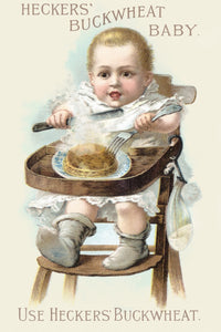 Victorian trade card featuring a baby in a high chair eating pancakes with a knife and fork.