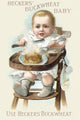 Victorian trade card featuring a baby in a high chair eating pancakes with a knife and fork.
