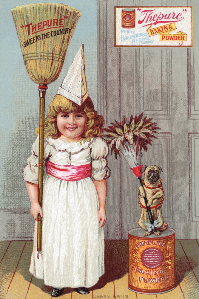 Victorian trade card poster print of THEPURE baking powder featuring a girl with broom.