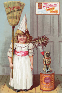 Victorian trade card poster print of THEPURE baking powder featuring a girl with broom.
