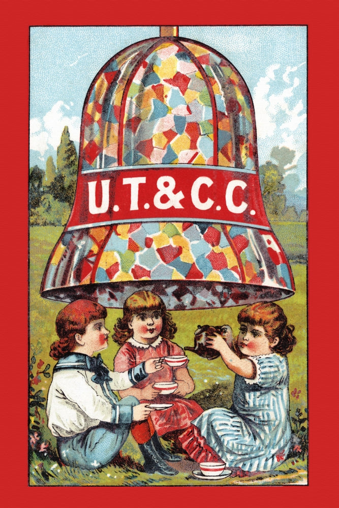 Victorian trade card poster print of children having a tea party under a bell.