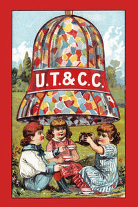 Victorian trade card poster print of children having a tea party under a bell.