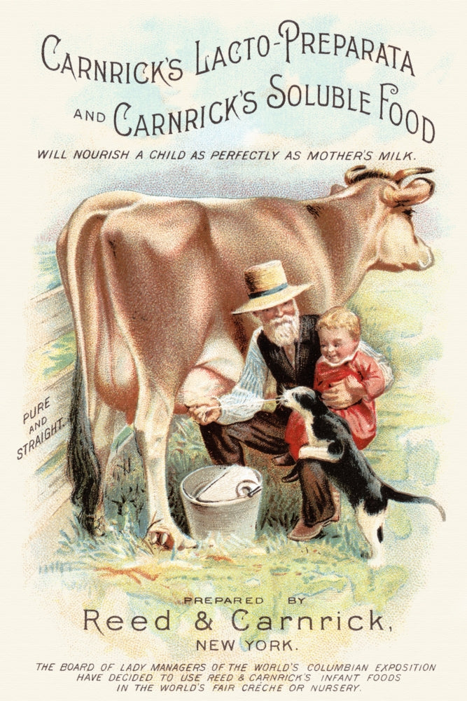 Victorian trade card poster print featuring a farmer, child, and cat.