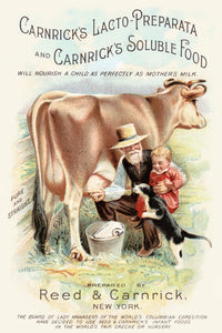 Victorian trade card poster print featuring a farmer, child, and cat.