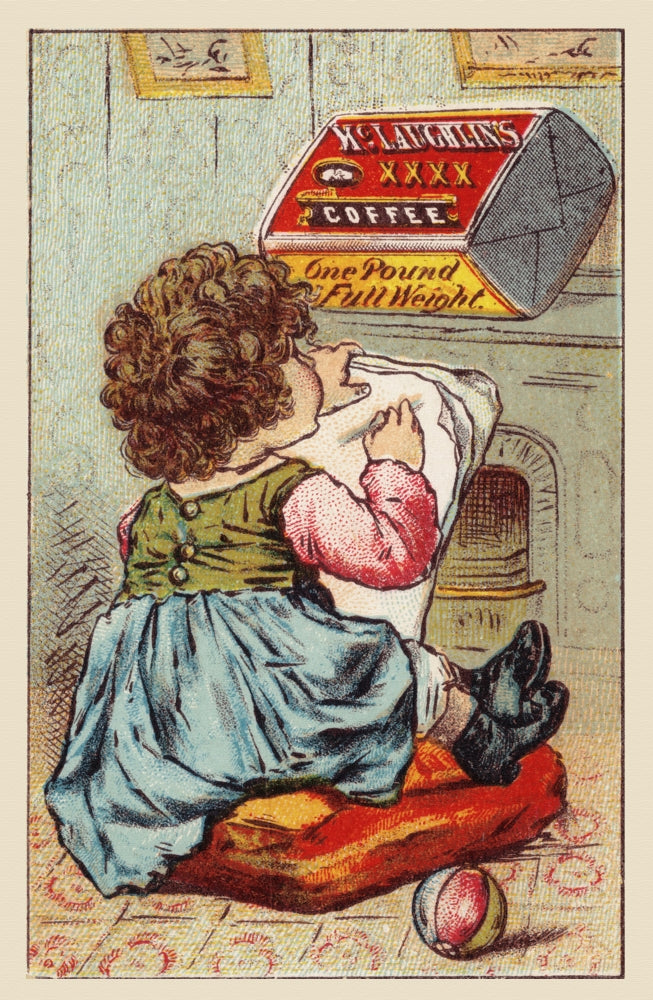 Victorian trade card featuring McLaughlin's XXXX Coffee with a child drawing the colorful package.