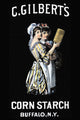 Victorian trade card poster print featuring C. Gilbert's Corn Starch with two women holding the package.