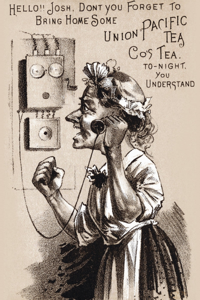 Victorian Union Pacific Tea Company poster print featuring a woman on the telephone.