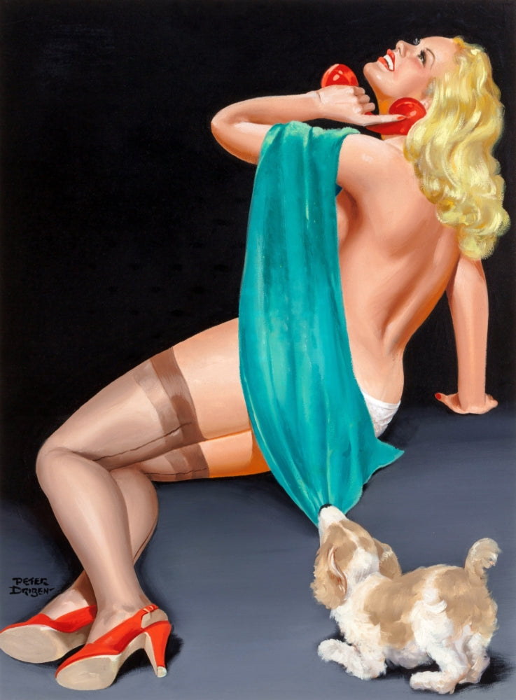 Pin-Up with Puppy poster print by Peter Driben featuring a vintage design.