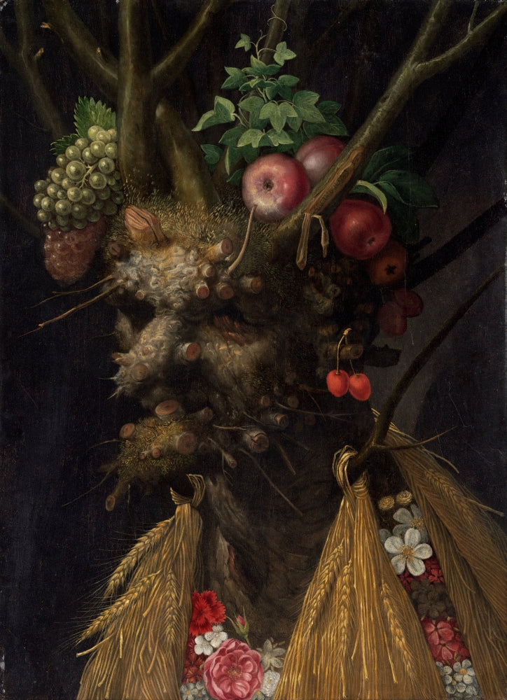 Giuseppe Arcimboldo imaginative portrait print featuring fruits and vegetables.