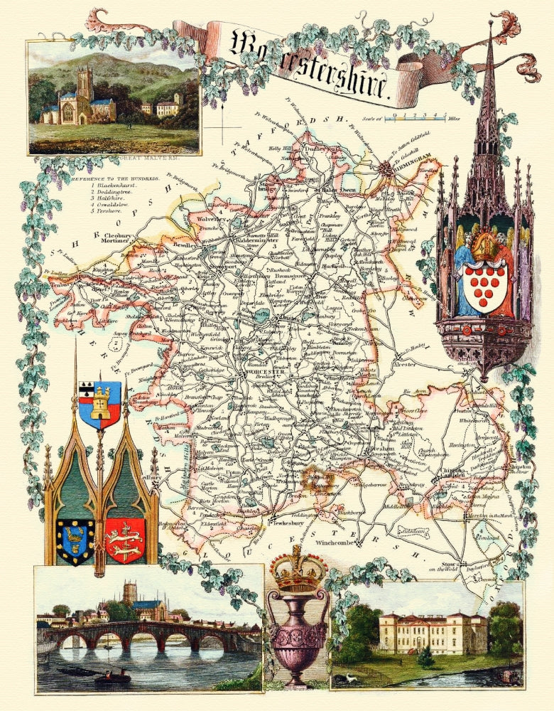 Worcestershire, England Map Print by Thomas Moule - Circa 1848