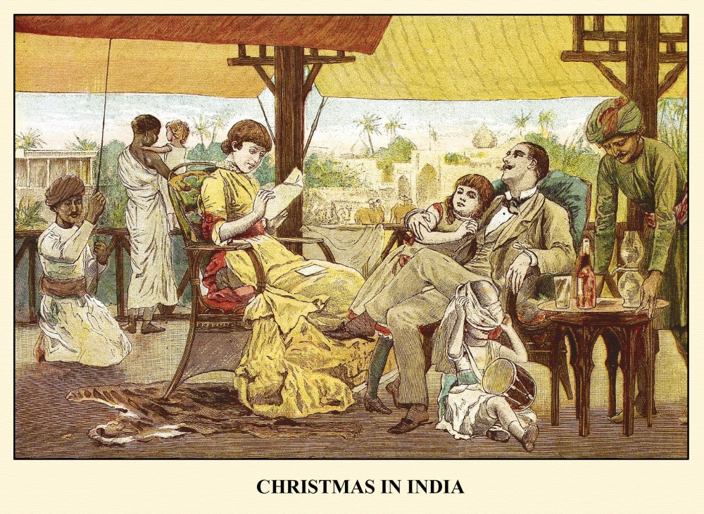 Christmas in India Poster Print by E.K. Johnson featuring an English family and Indian servants.