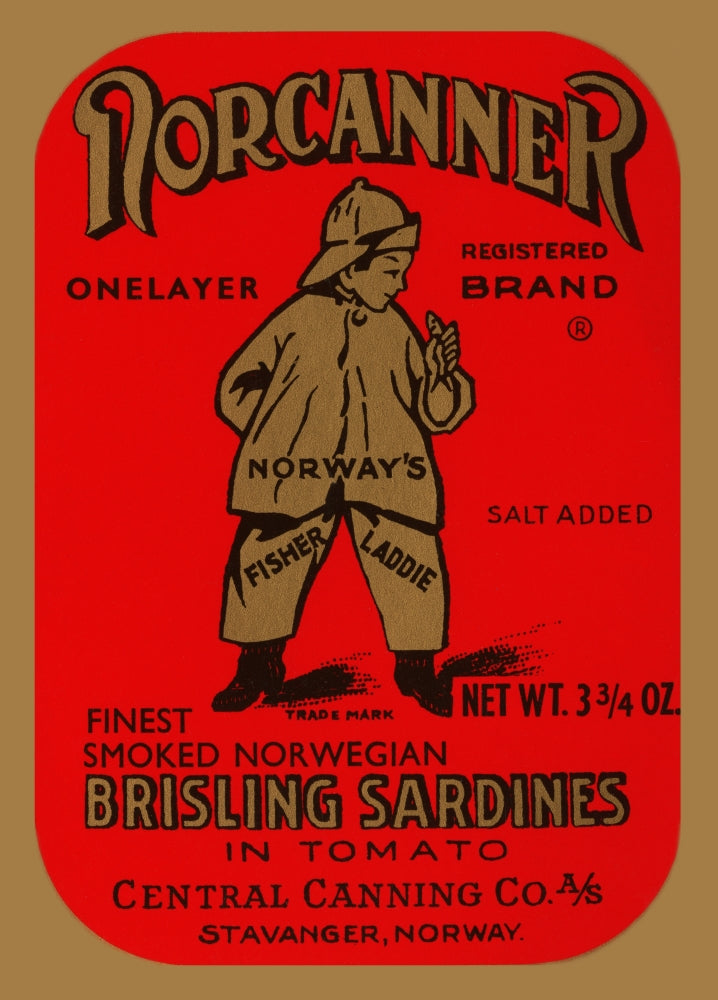 Vintage Norwegian Sardines Label Poster Print showcasing retro design.