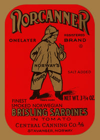 Vintage Norwegian Sardines Label Poster Print showcasing retro design.