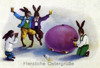German Easter Greetings Card Poster Print featuring rabbits and colorful eggs.