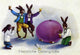 German Easter Greetings Card Poster Print featuring rabbits and colorful eggs.