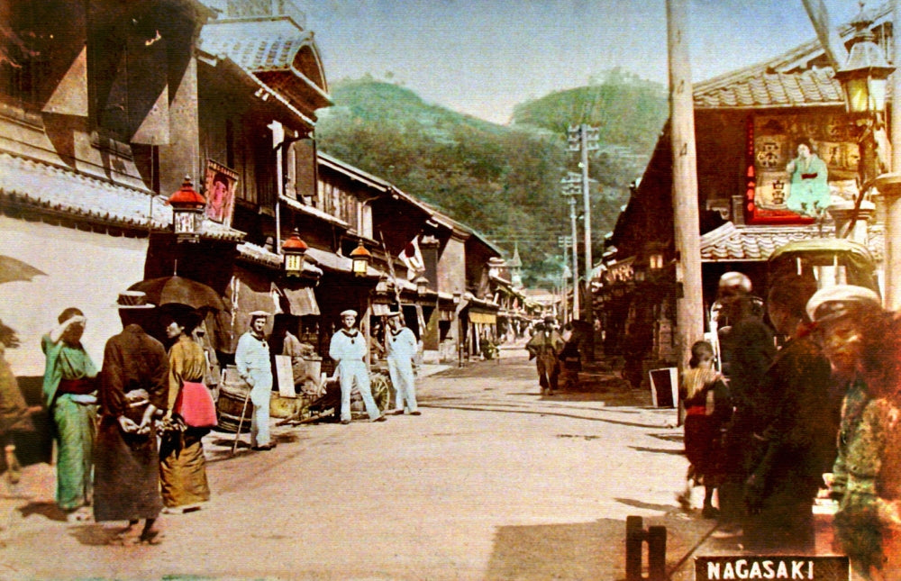 Japanese Sailors on a Nagasaki Street 1891 Poster Print showcasing historical Japanese culture.