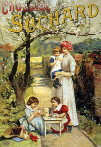 Poster print of children enjoying hot chocolate in a garden with mother holding a baby.