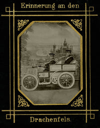 Drachenfels Castle poster print featuring two sailors in an antique car