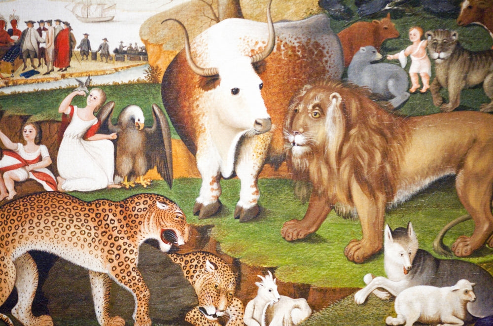 Primitive Detail of Edward Hicks' Peaceable Kingdom Poster Print featuring harmonious animal scenes.