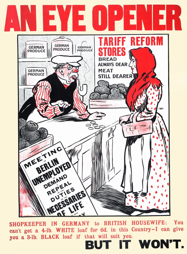 An Eye Opener lithograph print depicting a British housewife in wartime Germany.
