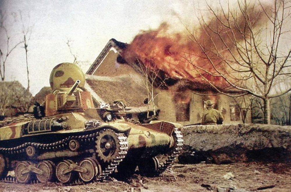 Type 97 Te-Ke tankette poster print featuring a Japanese soldier next to a burning house in China, 1941.