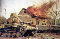Type 97 Te-Ke tankette poster print featuring a Japanese soldier next to a burning house in China, 1941.