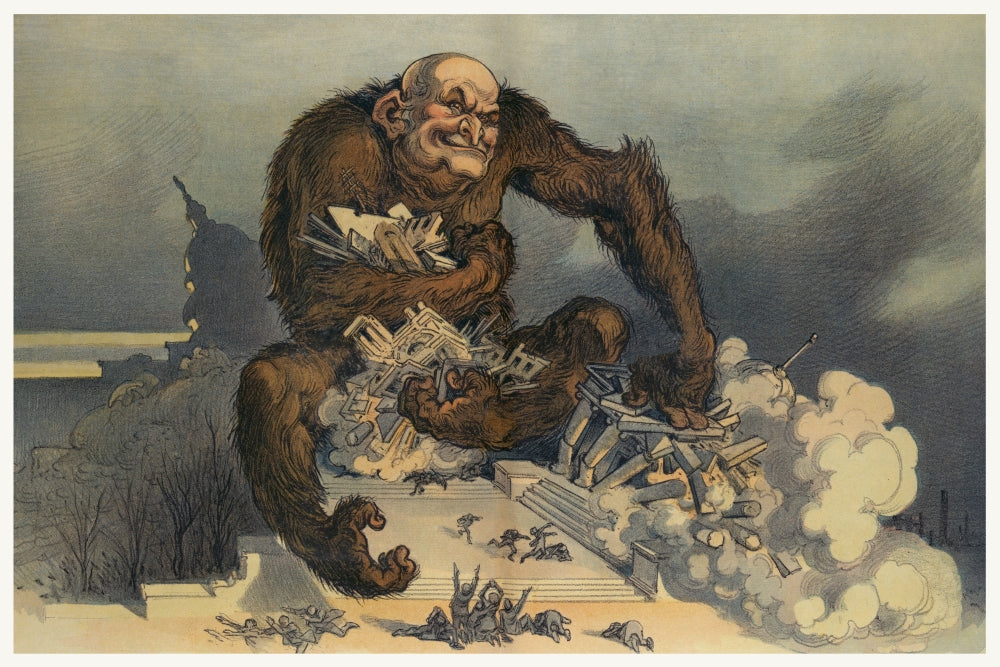 Gorilla-like monster illustration gripping buildings poster print by Udo J. Keppler.